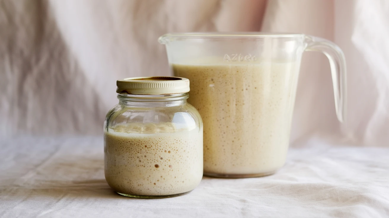 100 grams sourdough starter in a measuring cup on clean background