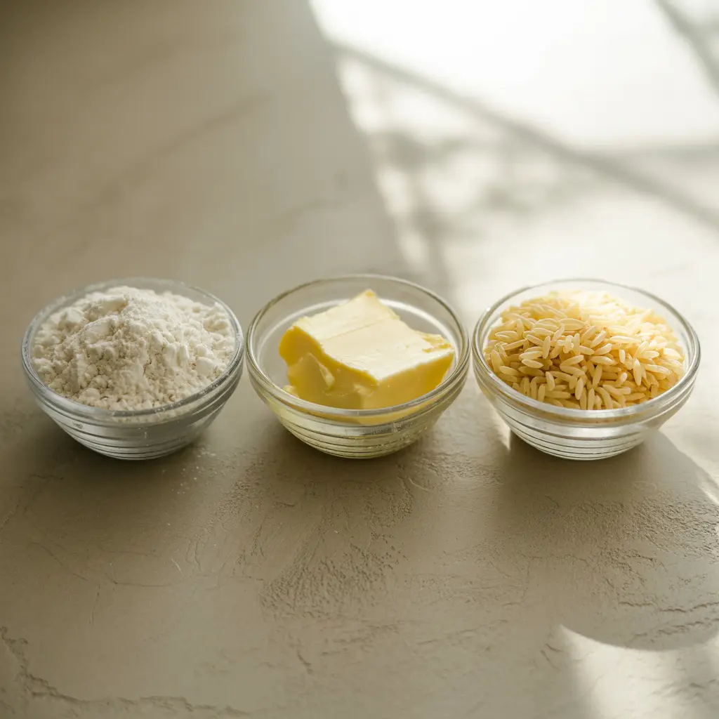 140-grams-flour-butter-rice-comparison 140 grams of flour, butter, and rice in separate bowls on a neutral background