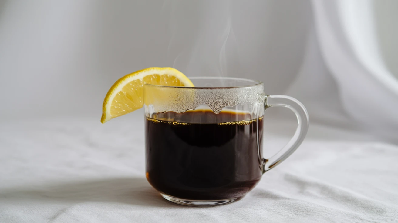 Coffee loophole recipe in clear glass mug with lemon