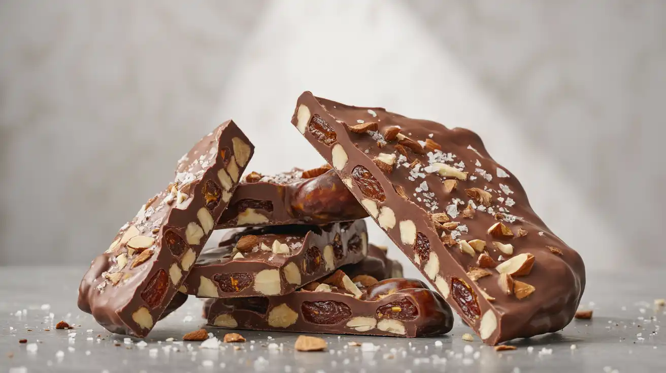 Homemade date bark recipe with chocolate and almonds on parchment