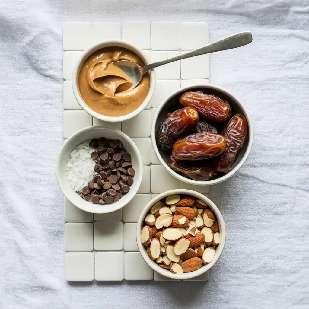 date-bark-recipe-ingredients Ingredients for date bark recipe on a rustic kitchen table