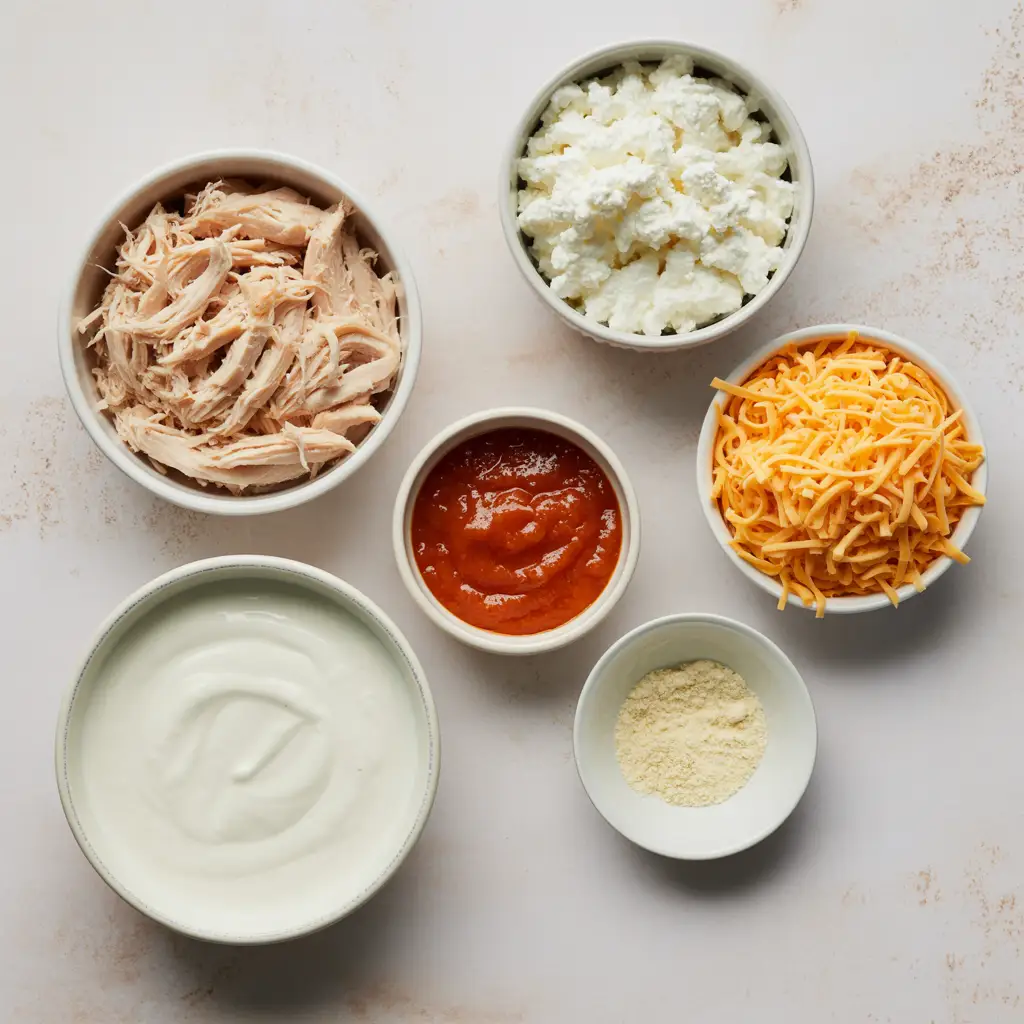 high-protein-buffalo-chicken-dip-ingredients Ingredients for high protein buffalo chicken dip arranged in bowls