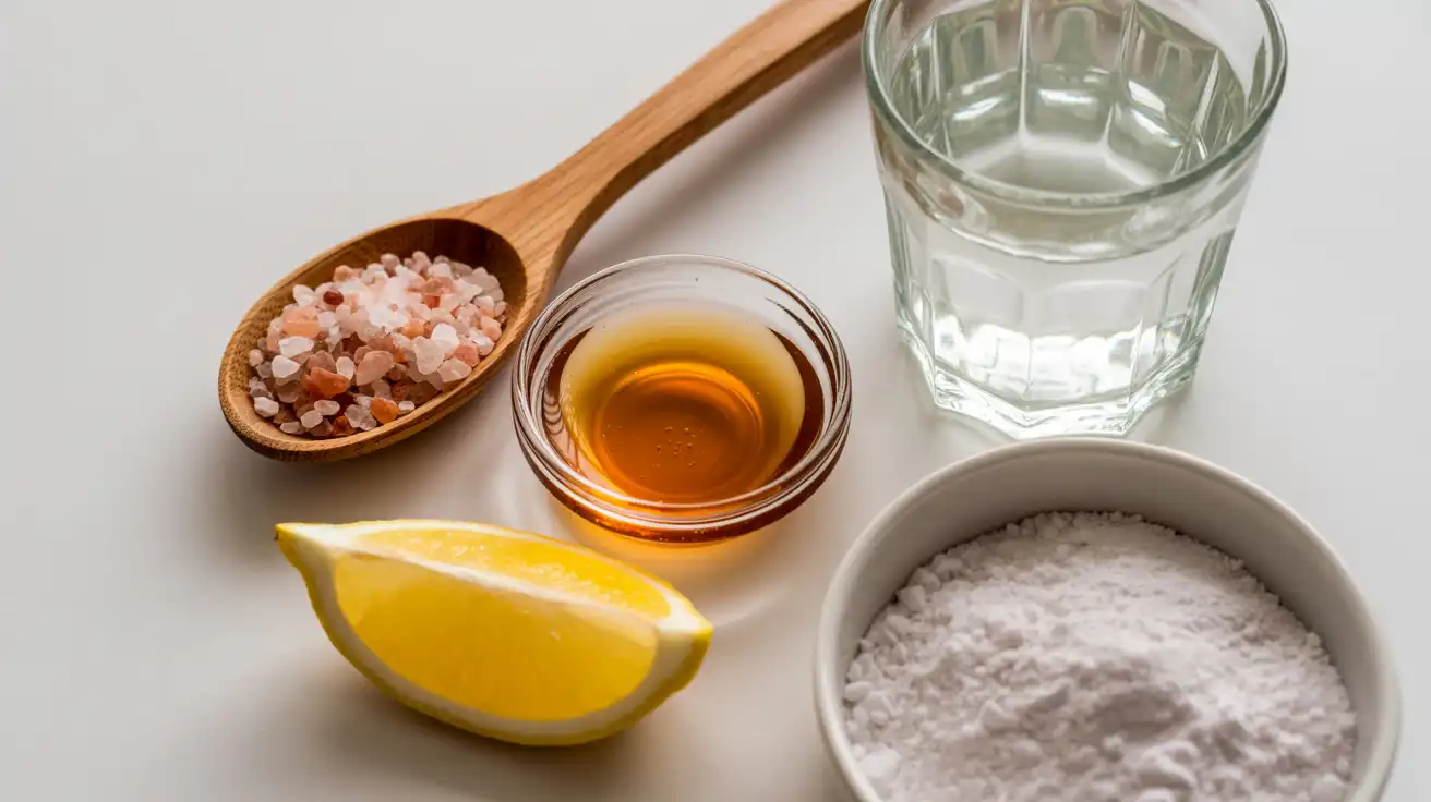 pink-salt-lemonade-ingredients-full Pink Himalayan salt, lemon, and honey on white background