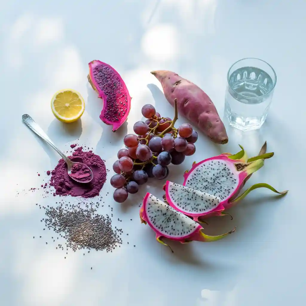 purple-peel-ingredients-layout Ingredients for Purple Peel Recipe on wooden board