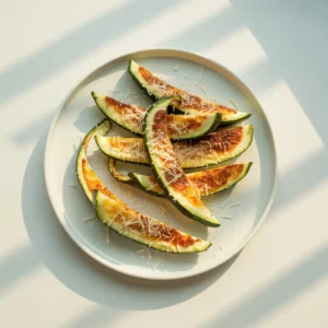 Baked zucchini with crispy parmesan topping on white plate