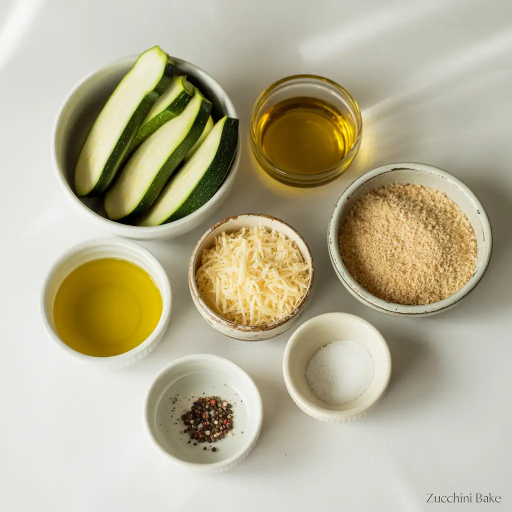 baked-zucchini-ingredients-clean Baked zucchini ingredients individually separated in white bowls on clean surface