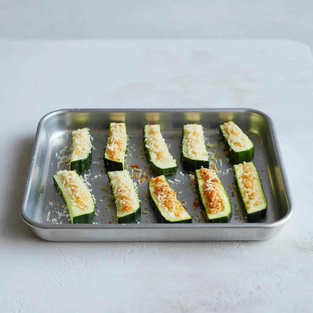 baked-zucchini-step3-clean Zucchini on tray with parmesan and breadcrumbs ready to bake