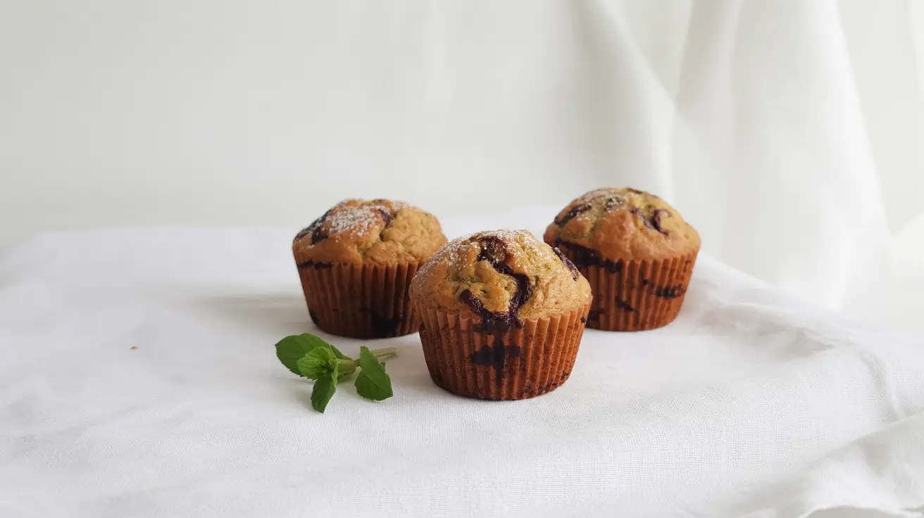Chocolate zucchini muffins on a white surface