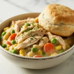 Easy Crock Pot Chicken Pot Pie Recipe 4 A warm bowl of Crock Pot Chicken Pot Pie, topped with a golden biscuit, showcases this easy and comforting recipe.