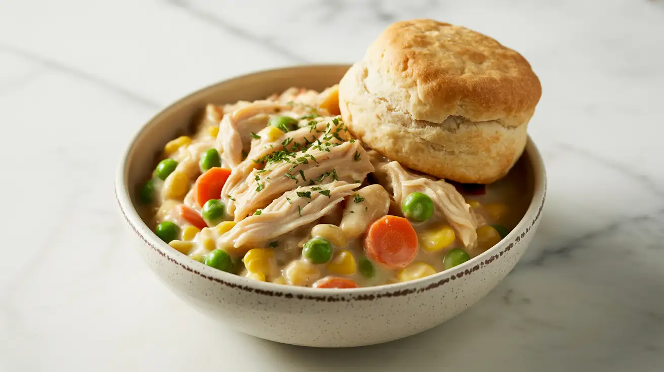 Easy Crock Pot Chicken Pot Pie Recipe 1 A warm bowl of Crock Pot Chicken Pot Pie, topped with a golden biscuit, showcases this easy and comforting recipe.