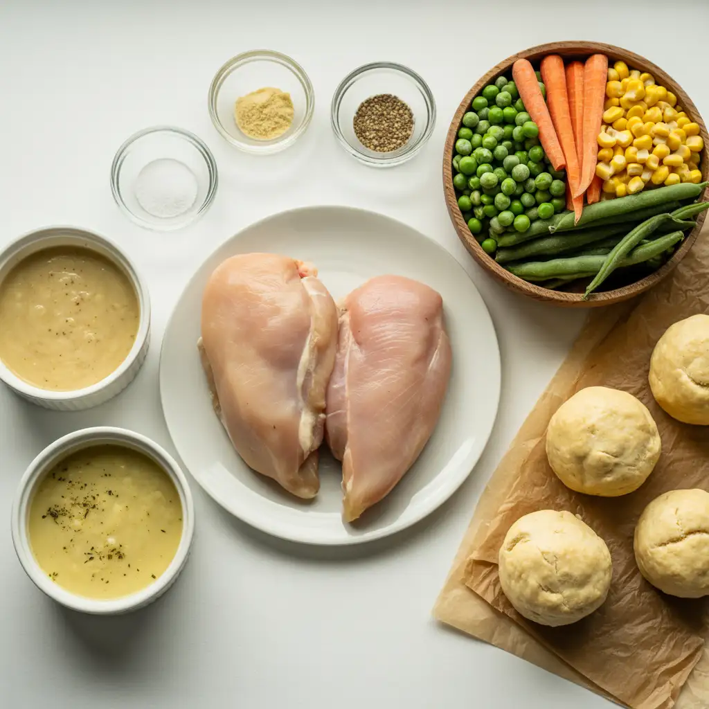 crock-pot-chicken-pot-pie-ingredients The simple ingredients for Crock Pot Chicken Pot Pie, including chicken, soups, and vegetables, are laid out on a white surface.