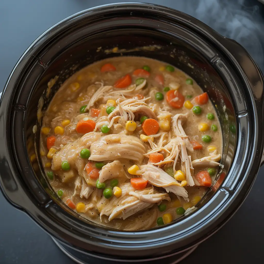 crock-pot-chicken-pot-pie-step-3 Step three of making Crock Pot Chicken Pot Pie shows the cooked chicken being shredded directly in the creamy sauce.