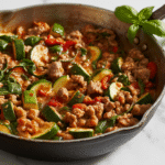 Quick & Easy Ground Turkey and Zucchini Skillet 4 A delicious and easy Ground Turkey and Zucchini Skillet presented in a cast iron pan, ready to serve.