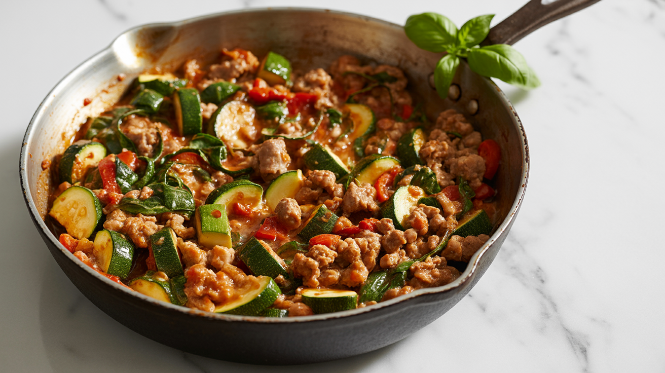 Quick & Easy Ground Turkey and Zucchini Skillet 1 A delicious and easy Ground Turkey and Zucchini Skillet presented in a cast iron pan, ready to serve.