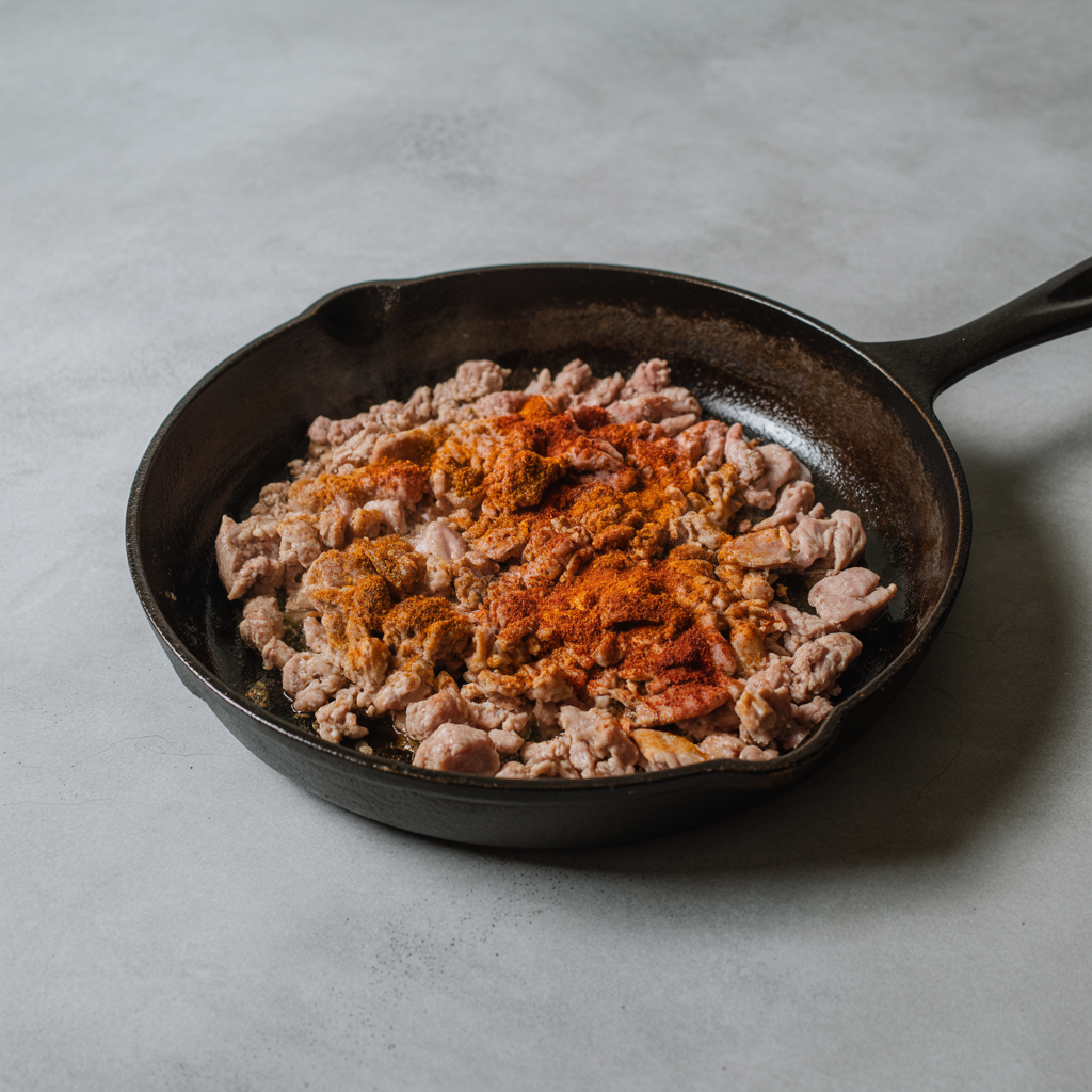 easy-ground-turkey-and-zucchini-skillet-step Step one for the Ground Turkey and Zucchini Skillet: browning the seasoned ground turkey in a skillet.
