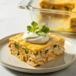 Easy Cheesy Chicken Enchilada Casserole 6 A perfect slice of cheesy Green Chili Chicken Enchilada Casserole on a white plate.