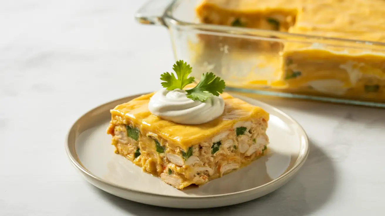 Easy Cheesy Chicken Enchilada Casserole 1 A perfect slice of cheesy Green Chili Chicken Enchilada Casserole on a white plate.