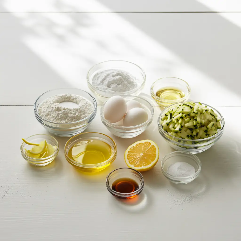 lemon-zucchini-bread-ingredients Measured ingredients for lemon zucchini bread in clean white bowls