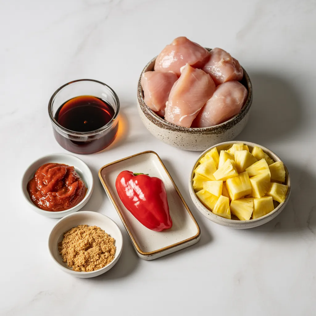 sweet-hawaiian-crockpot-chicken-ingredients The raw ingredients for sweet Hawaiian crockpot chicken are neatly arranged on a white background.