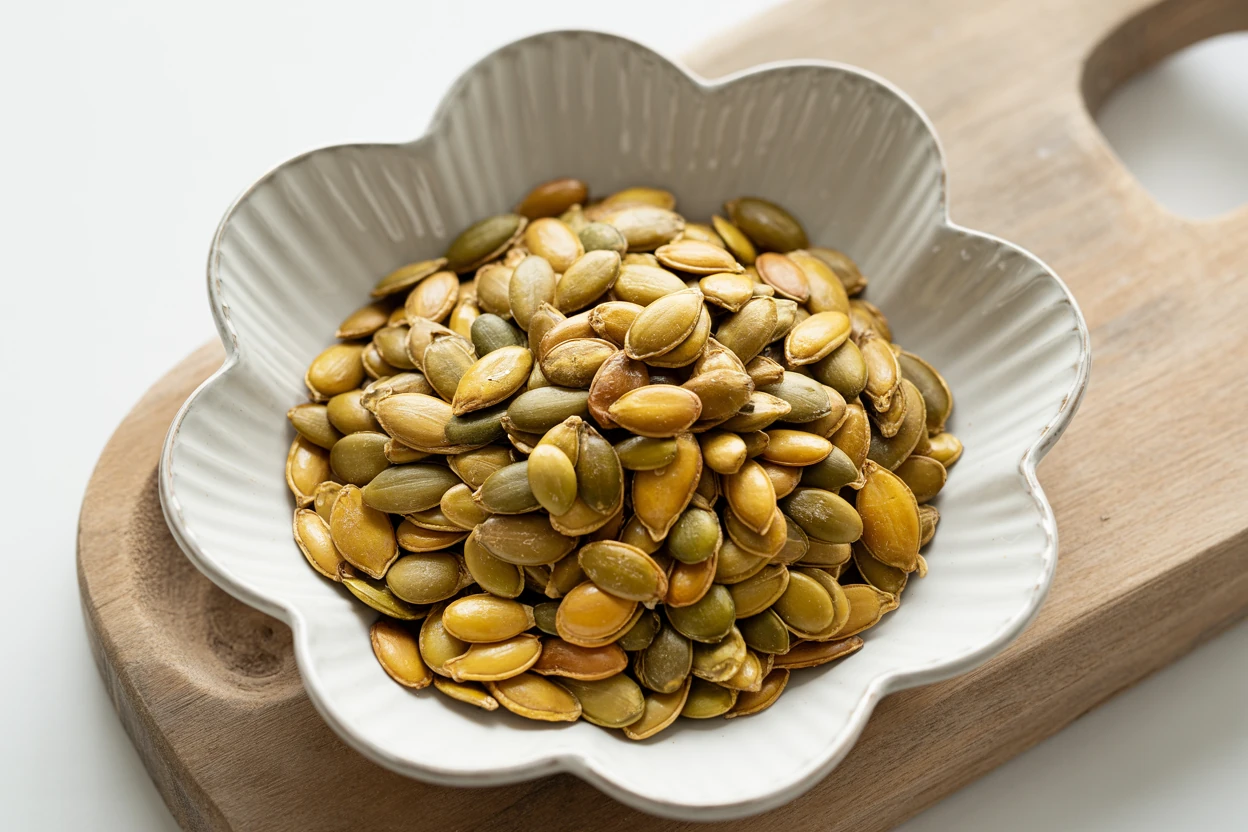 A white ceramic bowl filled with perfectly roasted pumpkin seeds, glowing with a golden-brown hue.