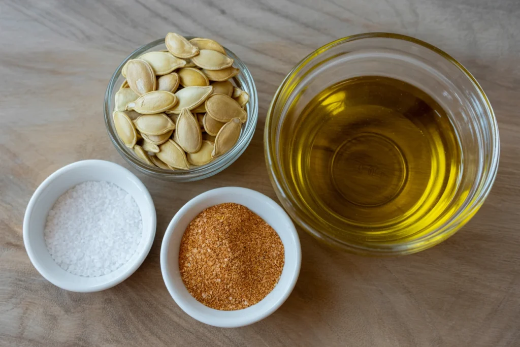 Perfect Roasted Pumpkin Seeds: Crispy & Flavorful Guide 5 Ingredients for roasted pumpkin seeds, including raw seeds, salt, olive oil, and a spice blend.