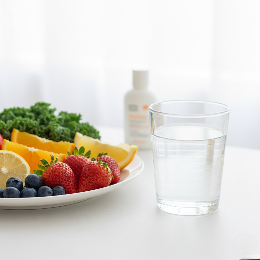 Collagen-Supplements-Plus-Lifestyle-Factors-Skin-Health (1) Collagen water with vitamin C foods and sunscreen for skin health