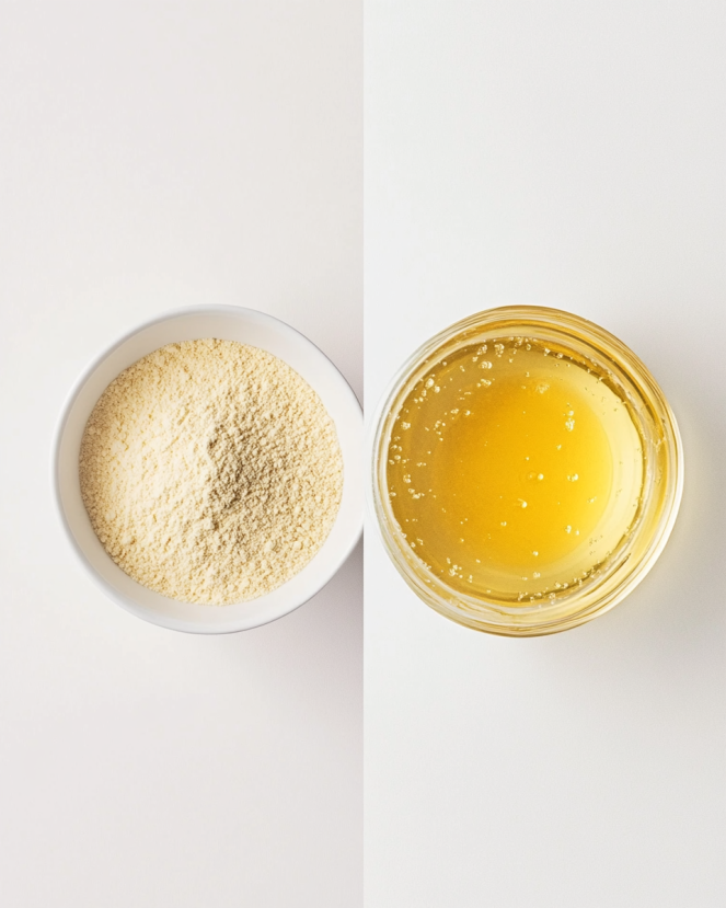 Gelatin powder before and after dissolving for DIY face mask preparation