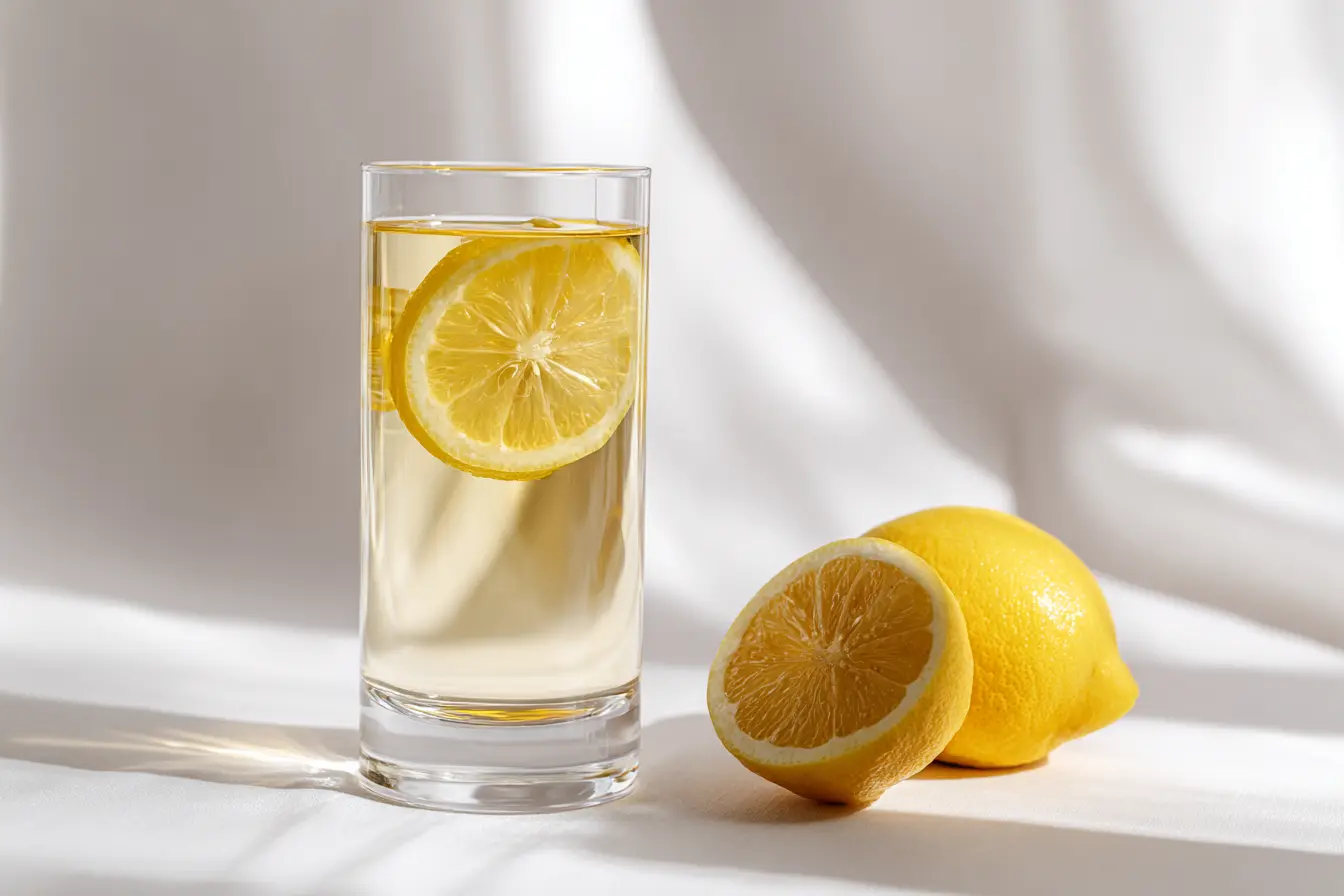 Gelatin-Trick-Recipe-Weight-Loss-Lemon-Water Gelatin trick recipe in clear glass with lemon for weight loss