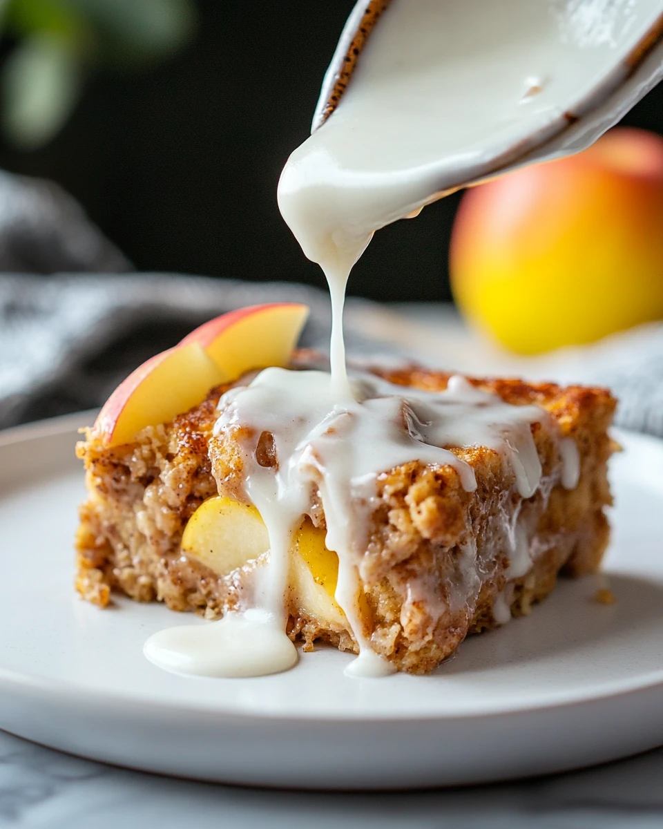 apple cinnamon french toast casserole slice drizzled with white frosting and apple wedge