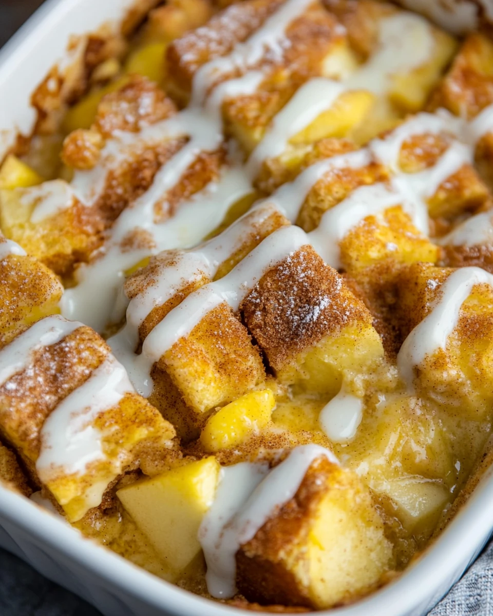 apple cinnamon french toast casserole in a white baking dish topped with glaze and grated apple