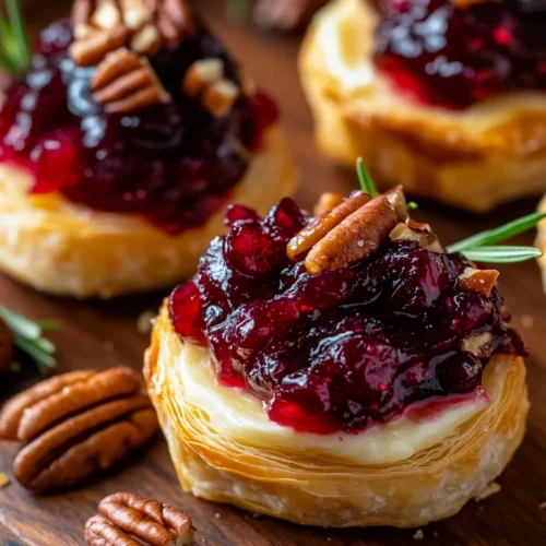 Baked Cranberry Brie Bites on a wooden board with flaky pastry, melted brie, cranberry sauce, pecans and rosemary.