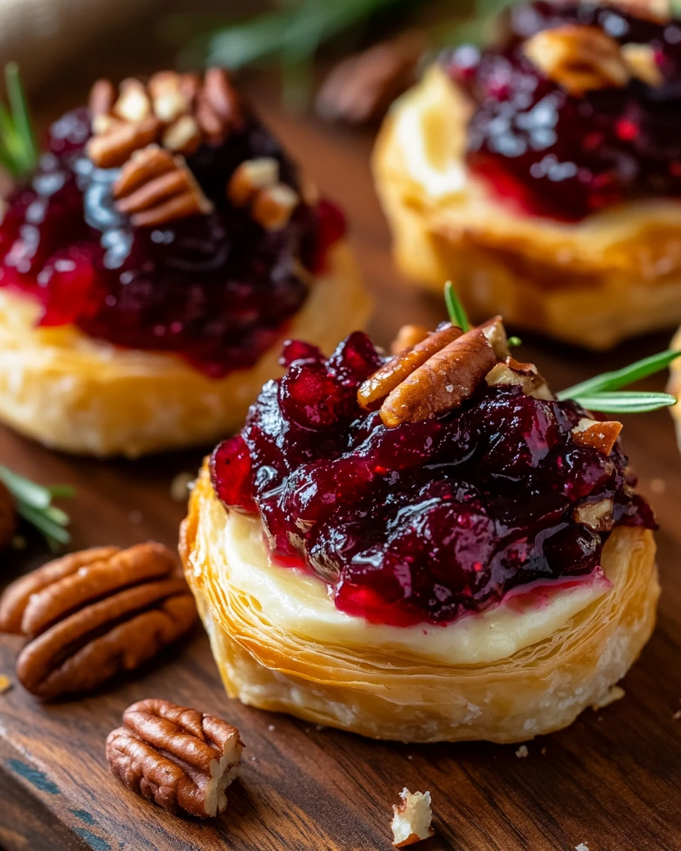 Baked Cranberry Brie Bites on a wooden board with flaky pastry, melted brie, cranberry sauce, pecans and rosemary.
