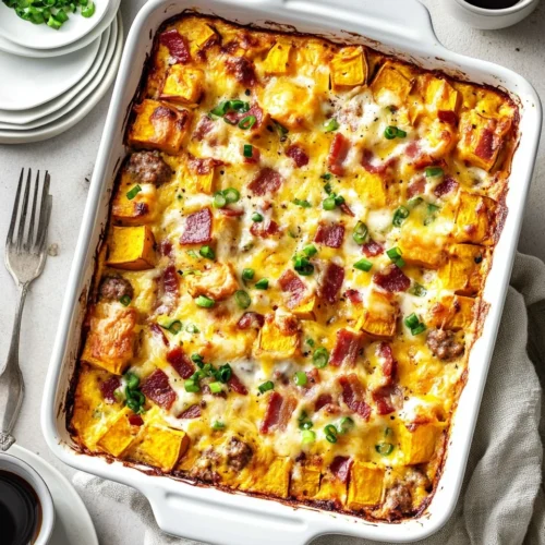 Easy Breakfast Casserole Recipe for Cozy Mornings 1 Overhead view of a cut breakfast casserole recipe with sweet potatoes, bacon, sausage, cheese, and green onions.