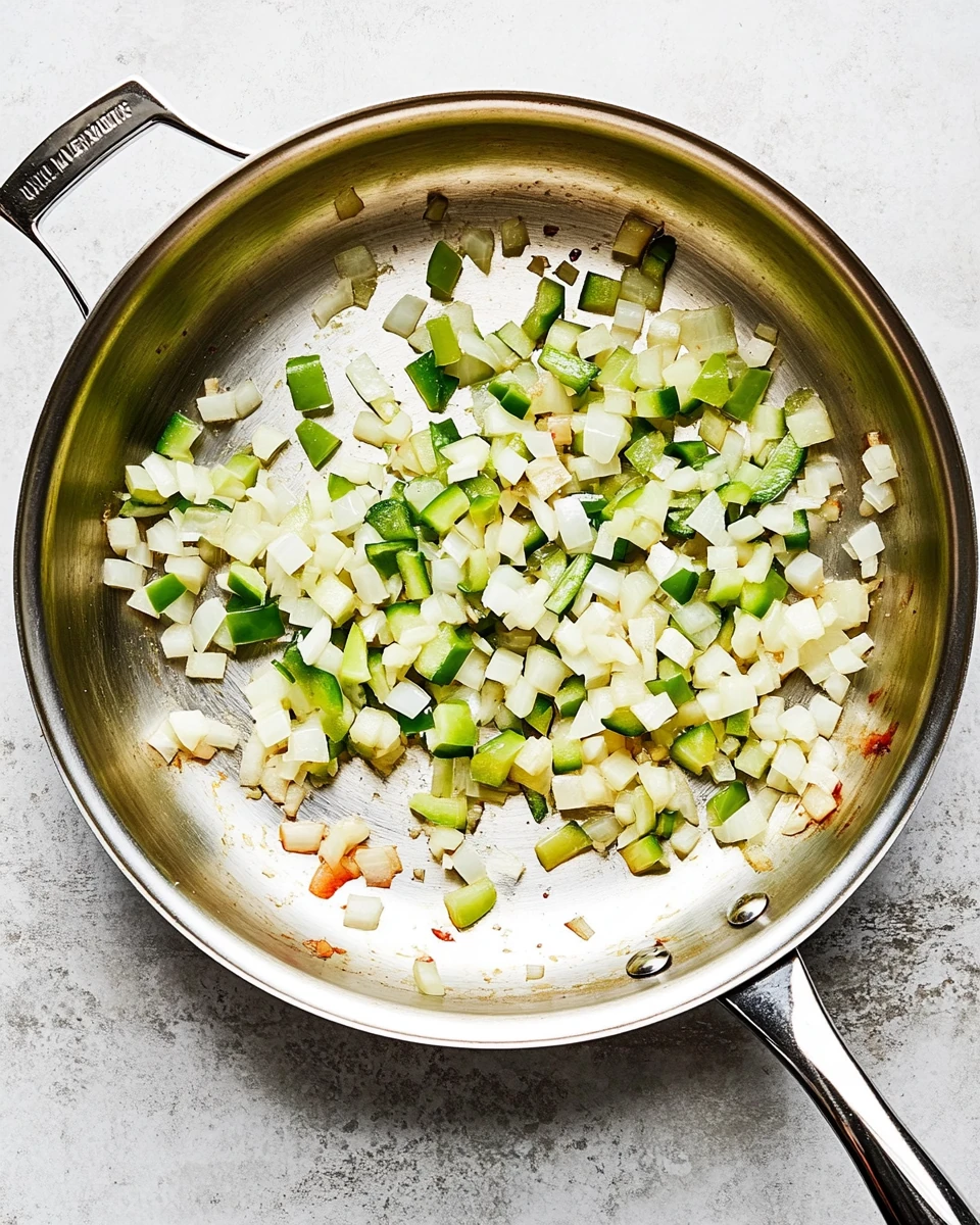 Breakfast Casserole Recipe Veggie Sauté Top view skillet of sautéed onions and green bell pepper for breakfast casserole recipe.