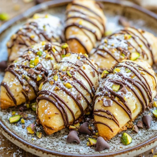 Close-up of Cannoli Cookies drizzled with chocolate, dusted with powdered sugar and pistachios.