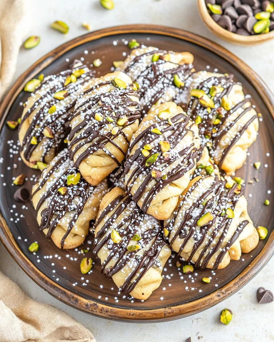 Plate of Cannoli Cookies drizzled with chocolate, powdered sugar, and pistachios.