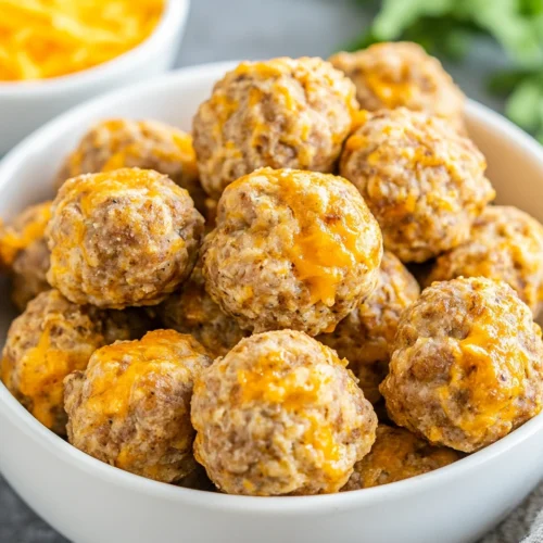 Cheddar Bay Sausage Balls in a white bowl with melted cheddar and dipping sauce.