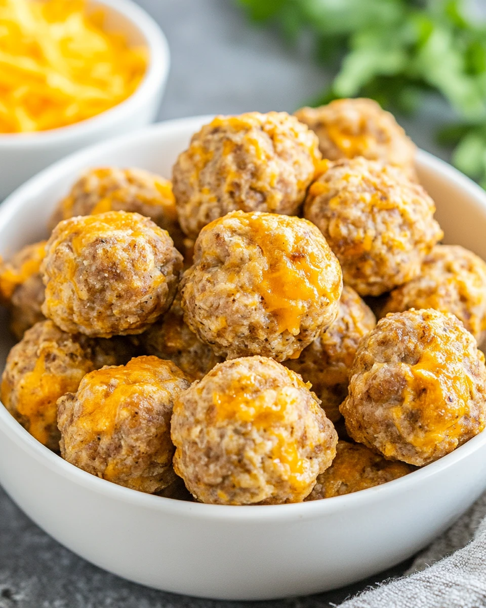 Cheddar Bay Sausage Balls in a white bowl with melted cheddar and dipping sauce.