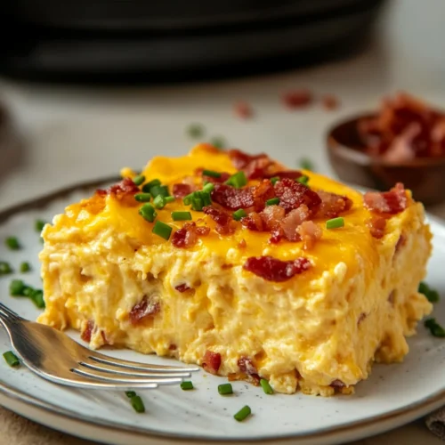 Crockpot Breakfast Casserole slice topped with melted cheddar, bacon bits, and chives on a plate