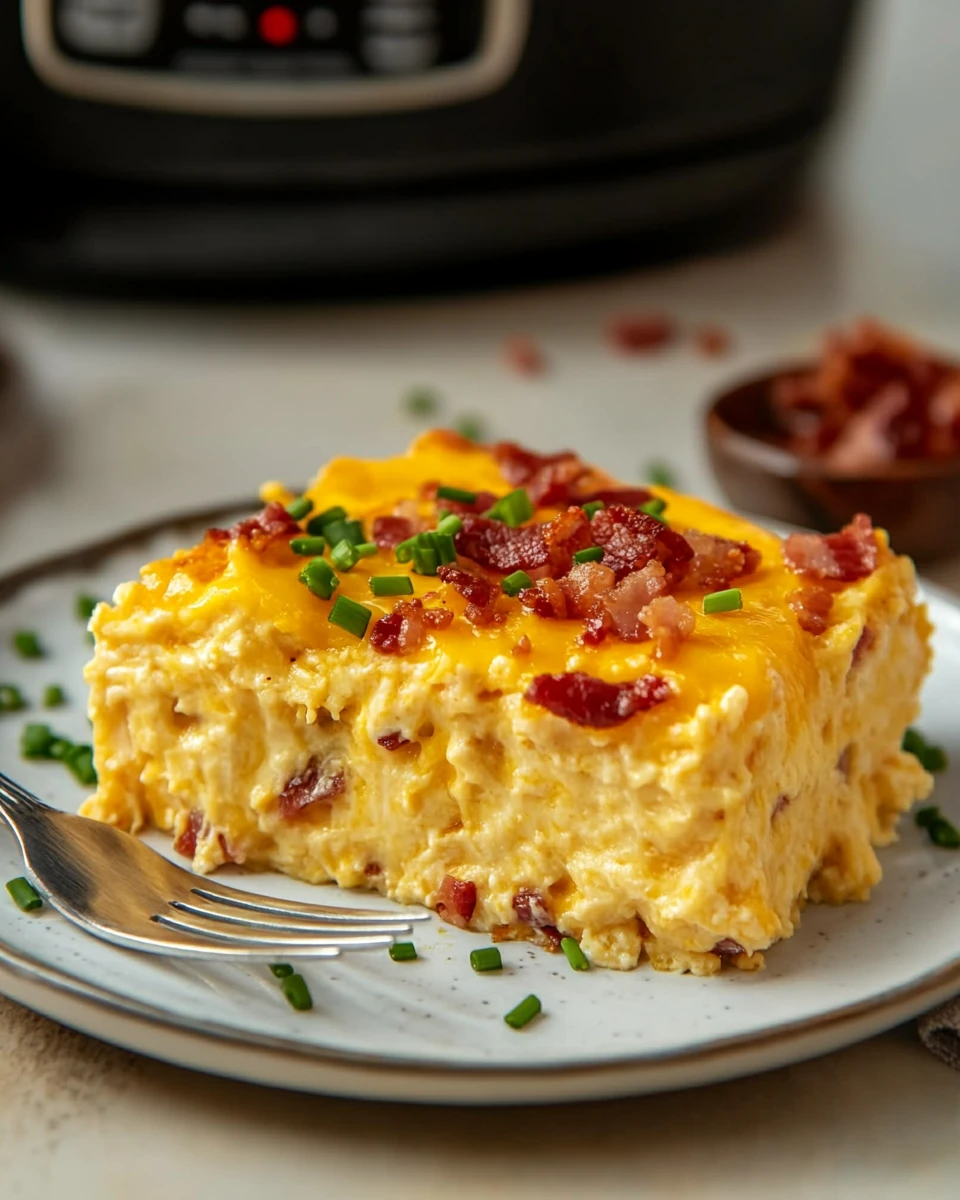 Crockpot Breakfast Casserole slice topped with melted cheddar, bacon bits, and chives on a plate