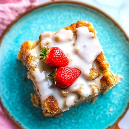 French Toast Casserole slice with vanilla glaze on a turquoise plate, served with a strawberry