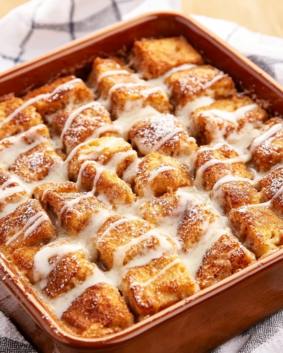 Close-up of a golden French Toast Casserole with vanilla glaze drizzled over toasted bread cubes