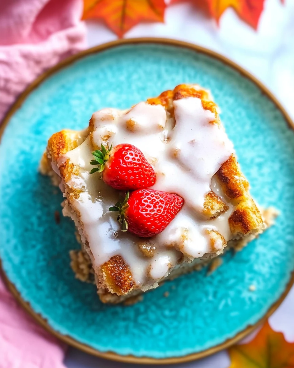 French Toast Casserole slice with vanilla glaze on a turquoise plate, served with a strawberry