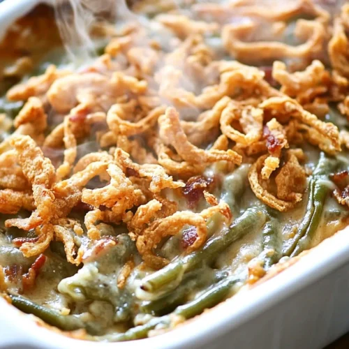 Green Bean Casserole topped with crispy fried onions, bacon bits, and melted cheese.
