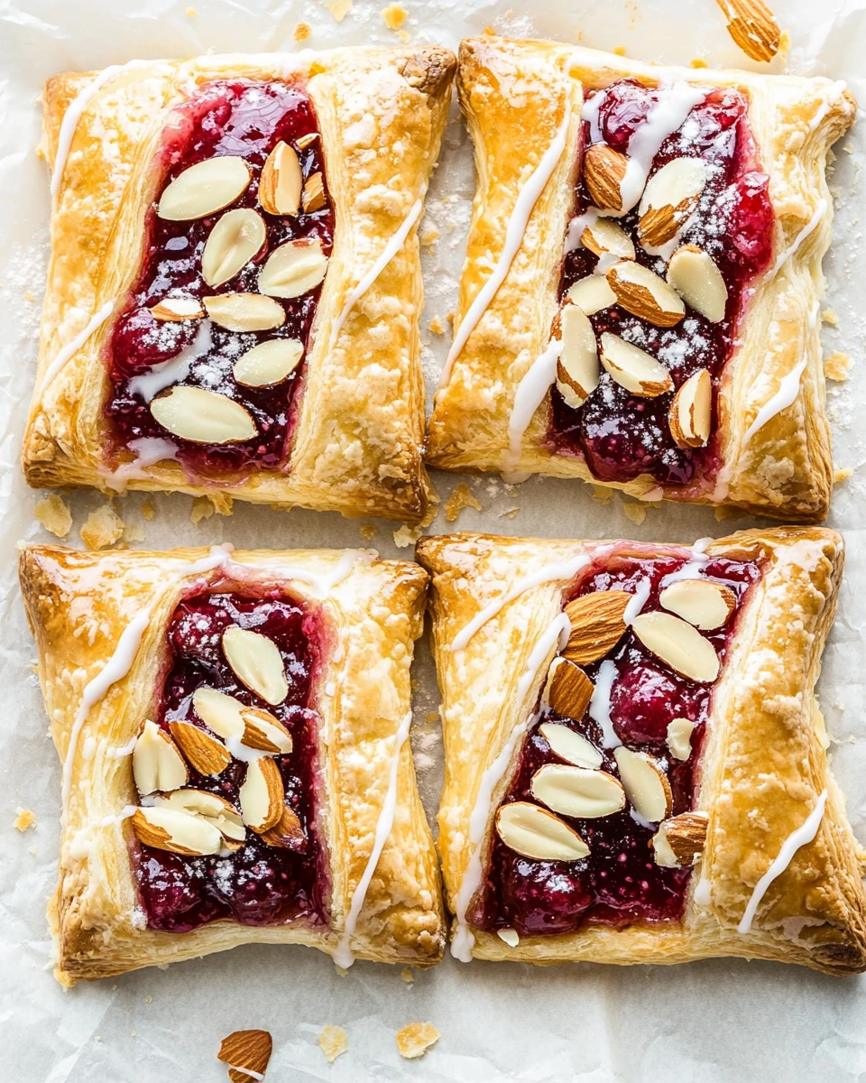 Raspberry Almond Puff Pastry Danish Raspberry Almond Puff Pastry Danish slices with raspberry jam, almond cream cheese filling and icing on parchment