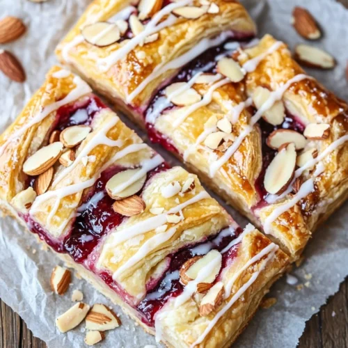 Raspberry Almond Puff Pastry Danish: A Cozy Delight 1 Raspberry Almond Puff Pastry Danish slices with raspberry jam, glaze, and toasted almond slices