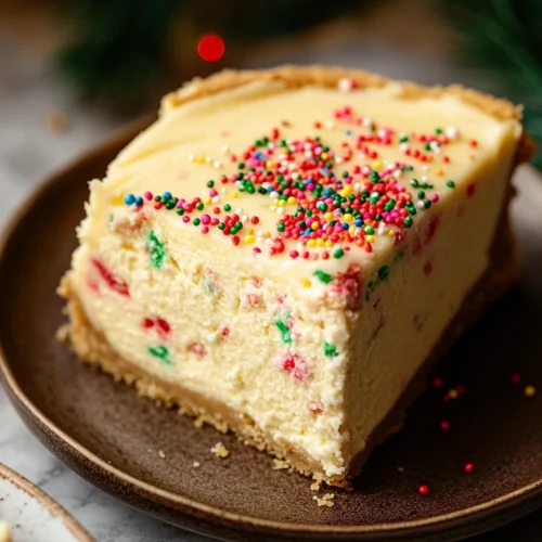 Delicious slice of Sugar Cookie Cheesecake for the holidays.