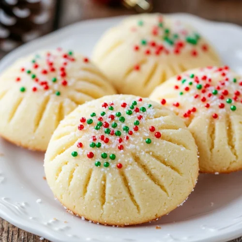 Whipped Shortbread Cookies on a white plate with red and green sprinkles and fork-pressed tops