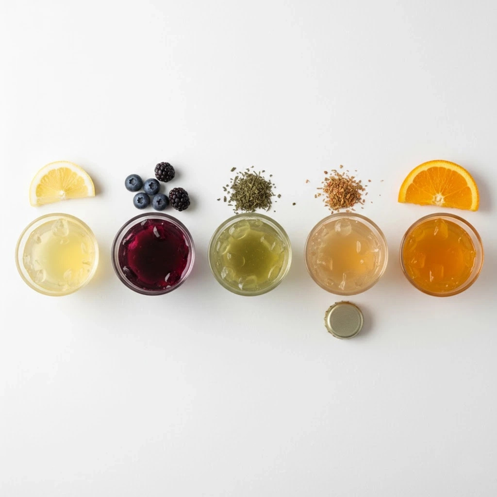 Five 3-ingredient gelatin recipe variations showing different colors and flavors