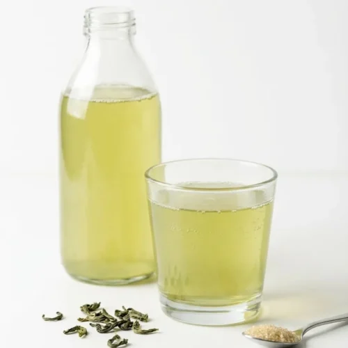 Bottle and glass of pale green tea kombucha as a basic kombucha recipe for weight loss